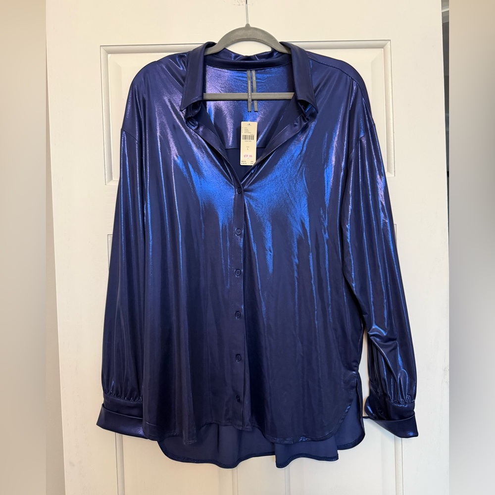 Sleek Blue Satin Button Down Shirt
